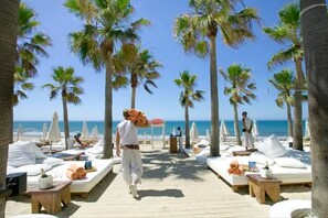 A beachside hotel with palm trees, sun loungers, and a wooden walkway.