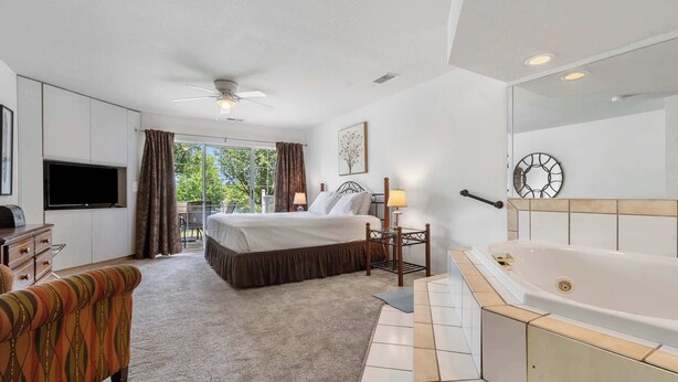 Une chambre d’hôtel comprenant un lit, une télévision, un canapé, une salle de bain avec baignoire et un balcon avec des rideaux.