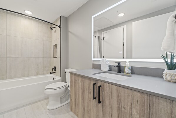 Premium One Bedroom Apartment | Bathroom | Hair dryer, towels - Coda on Half, a Placemakr Experience - Navy Yard (Washington)