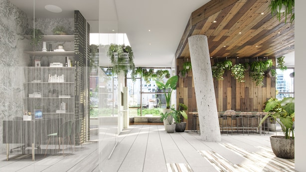 Un interior moderno con techo de madera, ventanas amplias y plantas de interior.