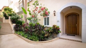 A building with a wooden door, a staircase, and a variety of plants.