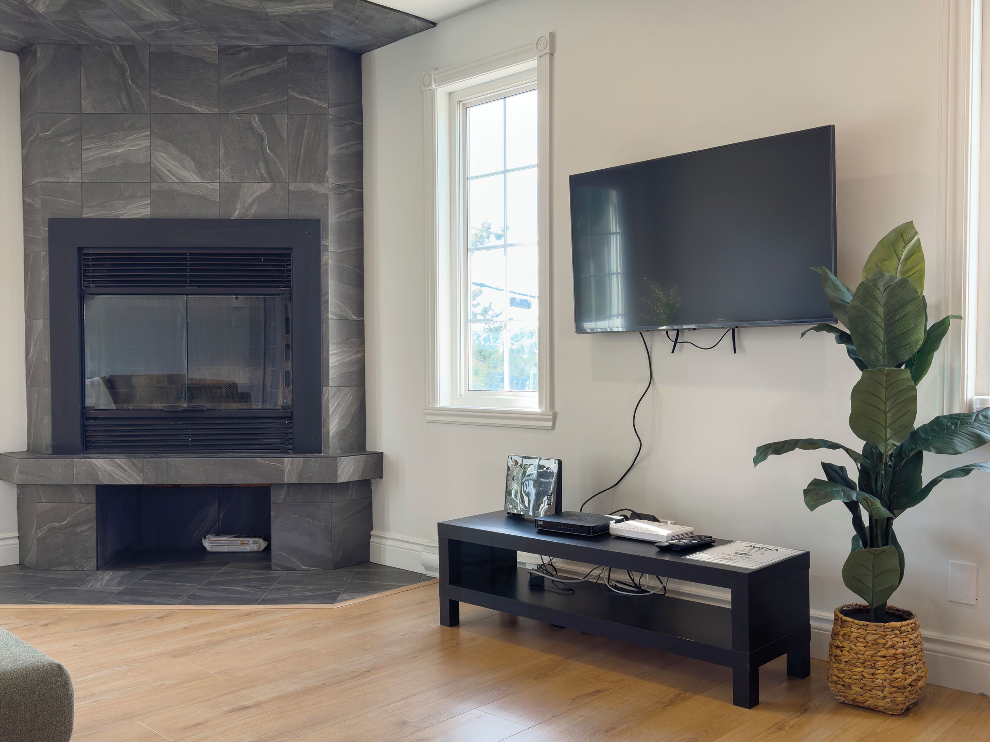 A modern living room with a stone fireplace, a flat-screen TV mounted on the wall, a wooden coffee table, and a large potted plant.