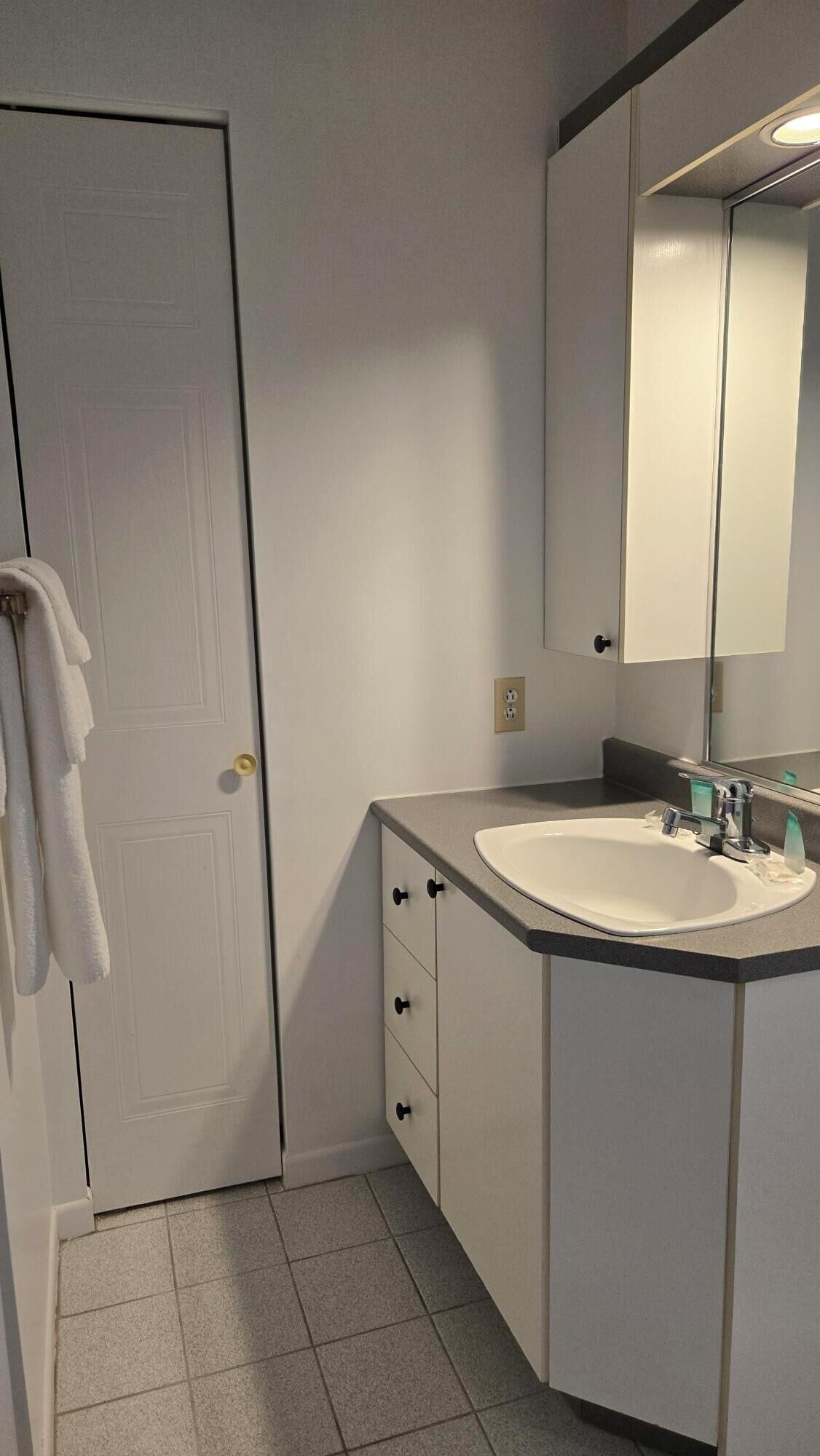 Een badkamer met een wit wastafelmeubel, een spiegel en een deur.