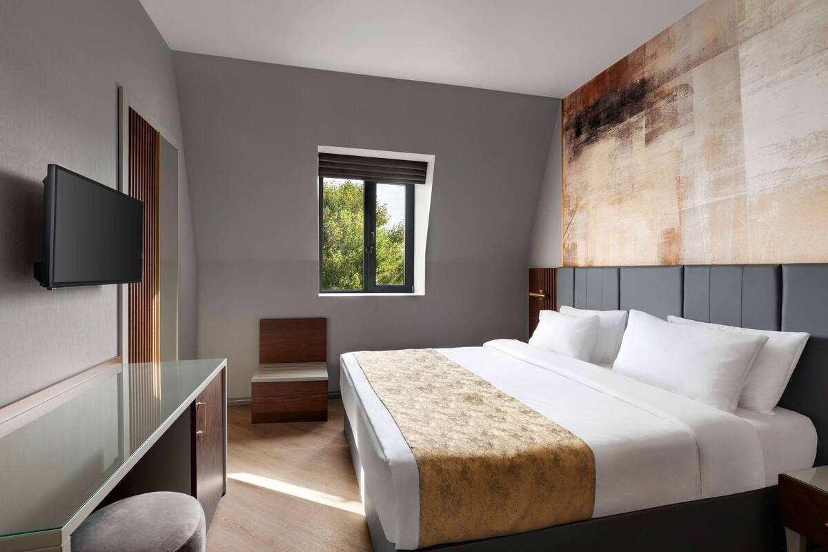 A modern hotel room with a large bed, a flat-screen TV mounted on the wall, a small desk with a chair, and a window providing a view of trees.