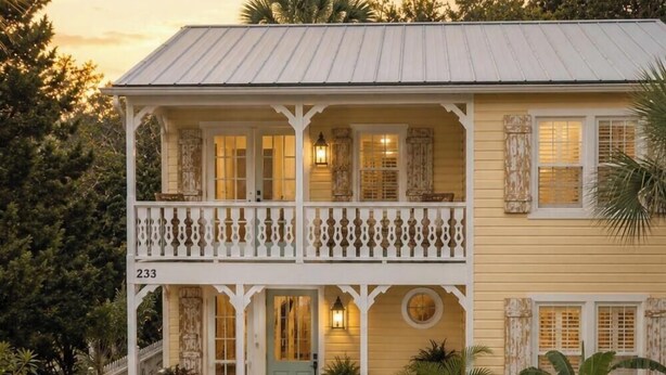 A two-story house with a balcony, a porch, and a front door.
