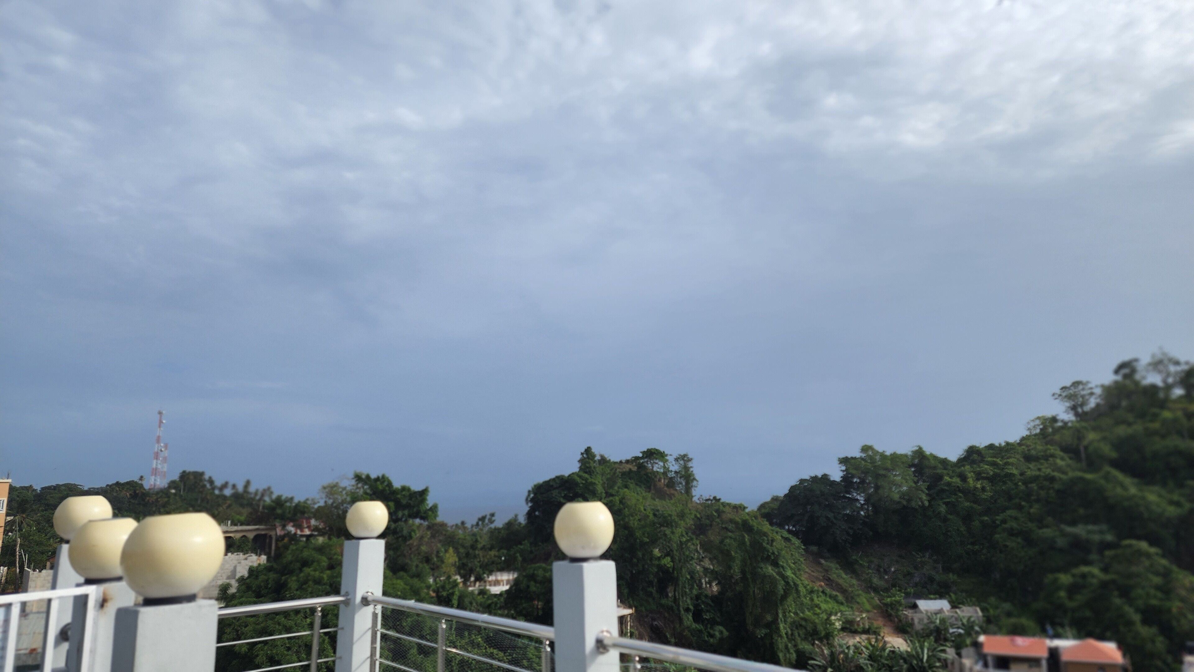 A railing with spherical finials, a clear sky, and a view of a densely forested hill with buildings in the background.