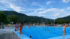 A swimming pool with people in the water and on the edge, surrounded by a forested hillside. - Posh Mountain Camping w/ 120" Screen Theater ·Hot-Tub · Firepit · Hiking Trails (Jonesville)