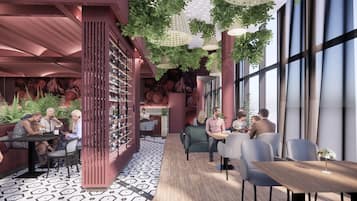 A modern interior with a wine rack, seating areas, and large windows.
