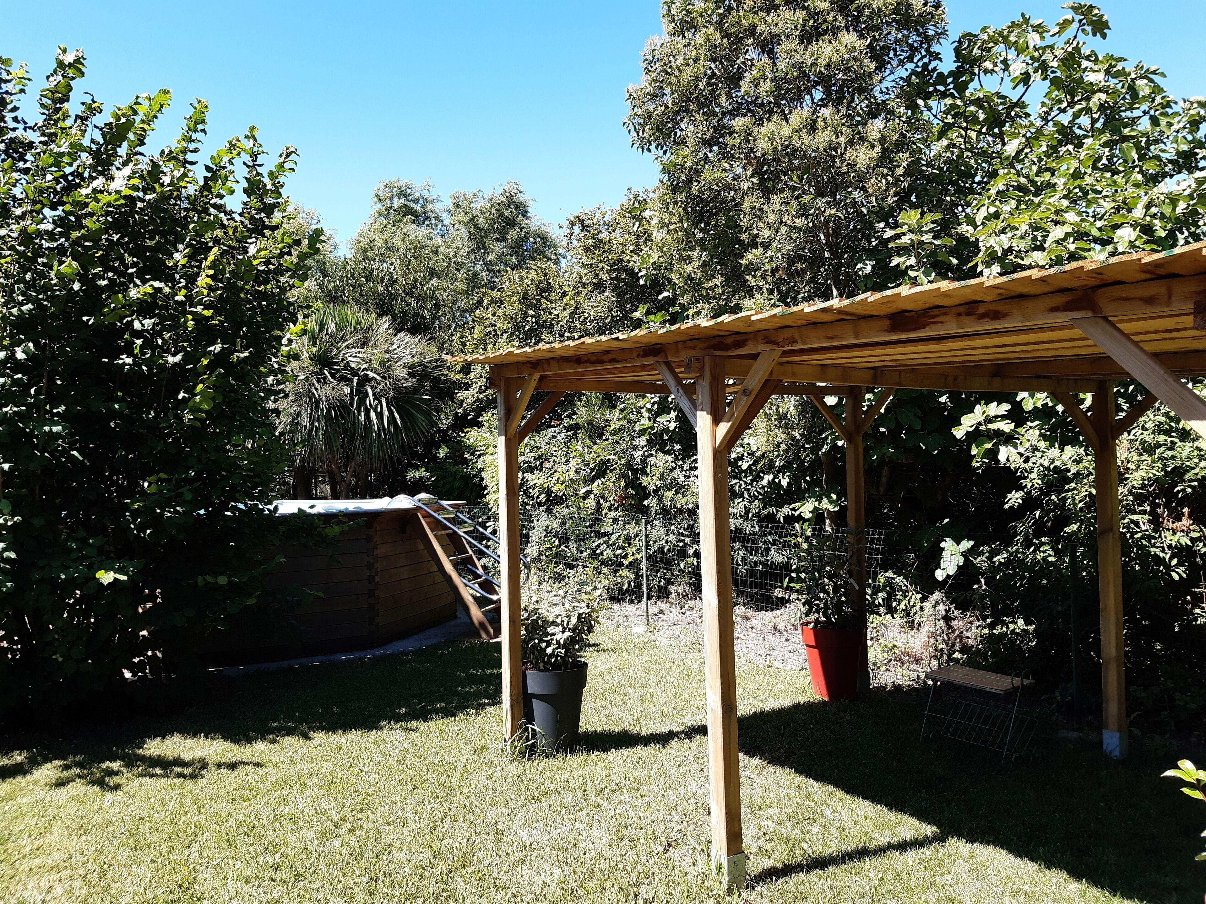 Une structure de pergola en bois dans un jardin, avec une pelouse verdoyante, entourée d’un feuillage dense et d’arbres.