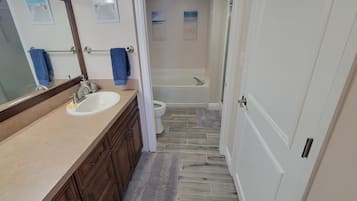 Bathtub, hair dryer, towels, soap