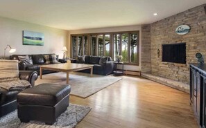 Smart TV, chimenea, reproductor de DVD y libros 