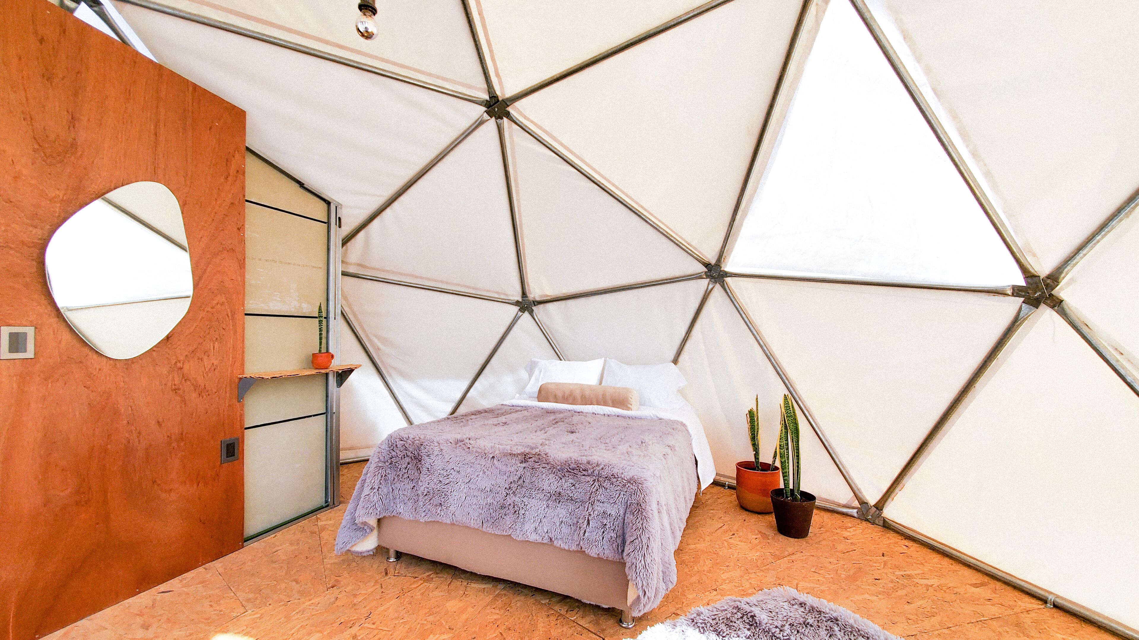 Una habitación tipo tienda con cama, un espejo redondo y dos plantas en macetas.