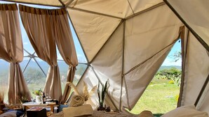 Una carpa acogedora con una cama, almohadas y una mesa dispuesta con una botella de vino y copas.