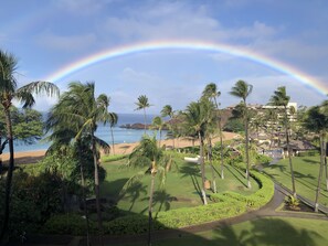 A tropical resort with a view of the ocean, palm trees, and a rainbow.