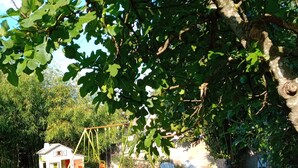 Ein Garten mit Schaukeln, einem kleinen Spielhäuschen und Plastikstühlen.
