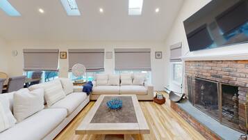 Smart TV, chimenea y libros