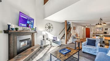 Smart TV, fireplace, video games, DVD player