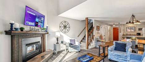 Smart TV, fireplace, video games, DVD player