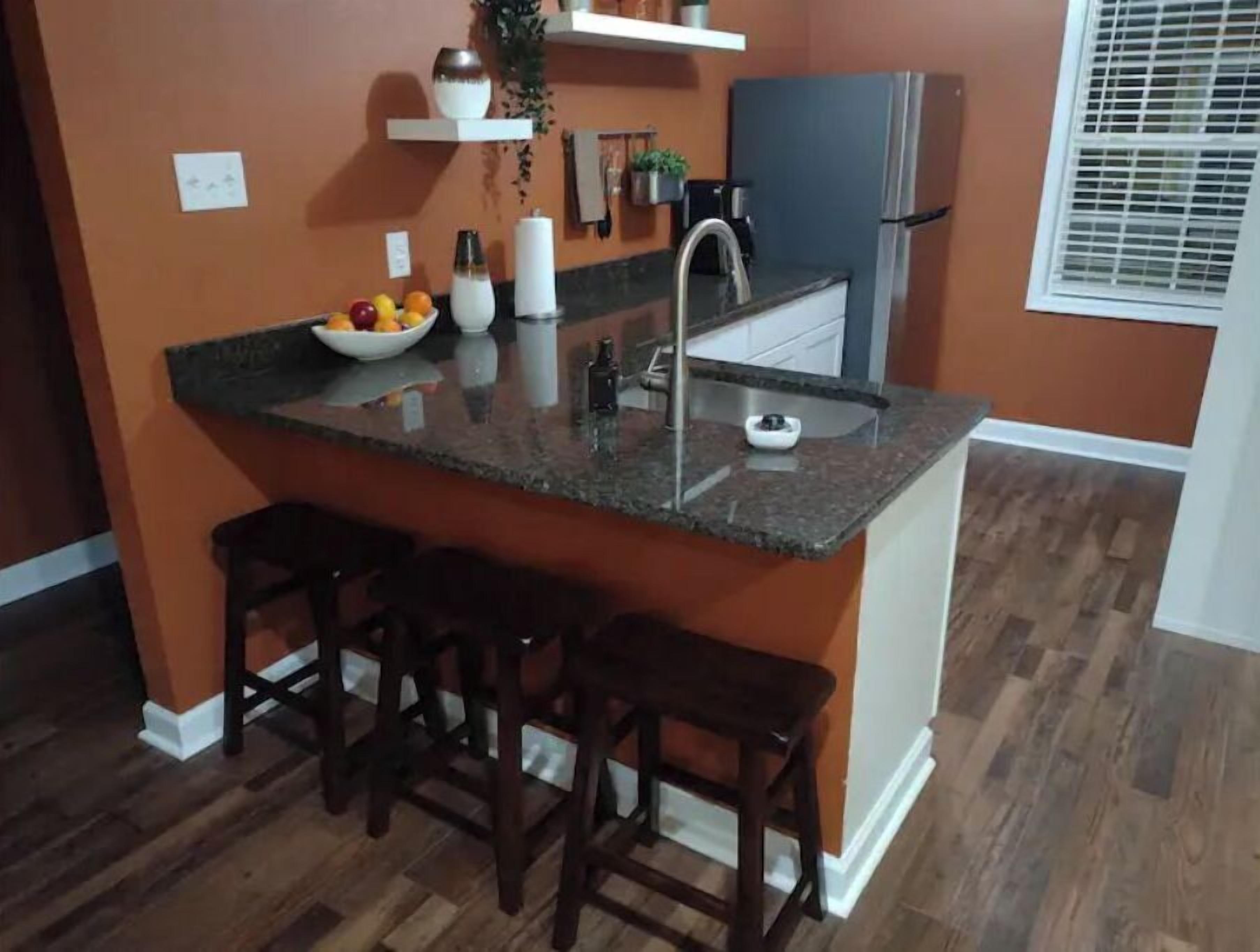 Fridge, microwave, coffee/tea maker, blender