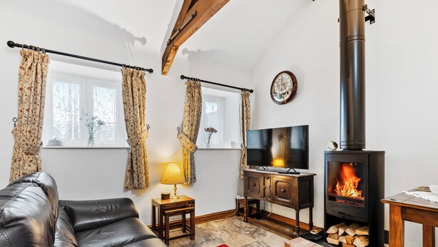 A living room with a sofa, a TV, a fireplace, and curtains. - 1 bedroom accommodation in South Barrow, near Yeovil (South Barrow, near Yeovil)