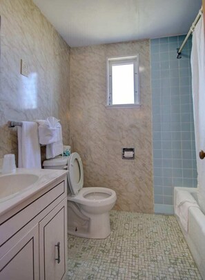 A bathroom with a toilet, sink, and shower area. - Dolphyn Motel (Hampton)