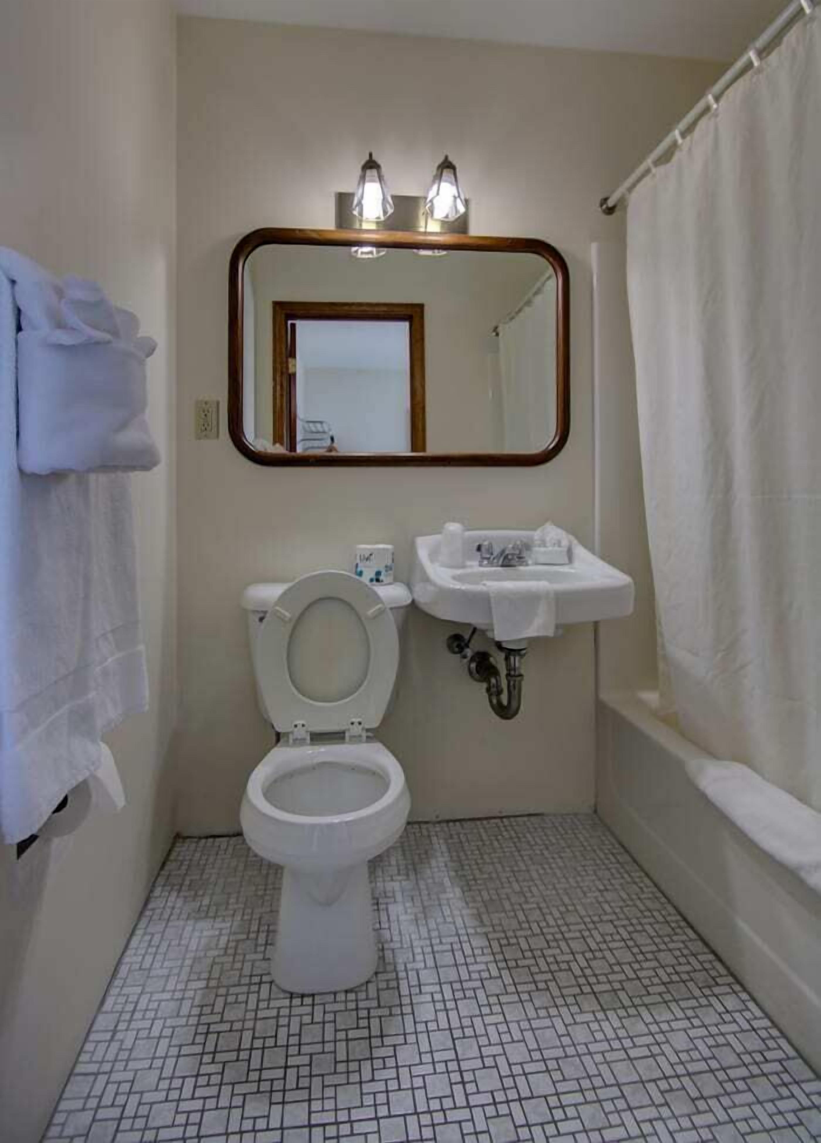A small bathroom with a toilet, sink, and shower curtain.