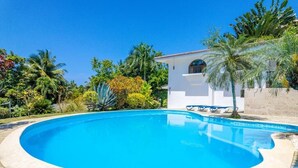 A swimming pool with a white building in the background, surrounded by tropical vegetation.