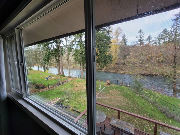 Une vue depuis une fenêtre donnant sur une cour verdoyante, avec une terrasse en bois et un petit étang.