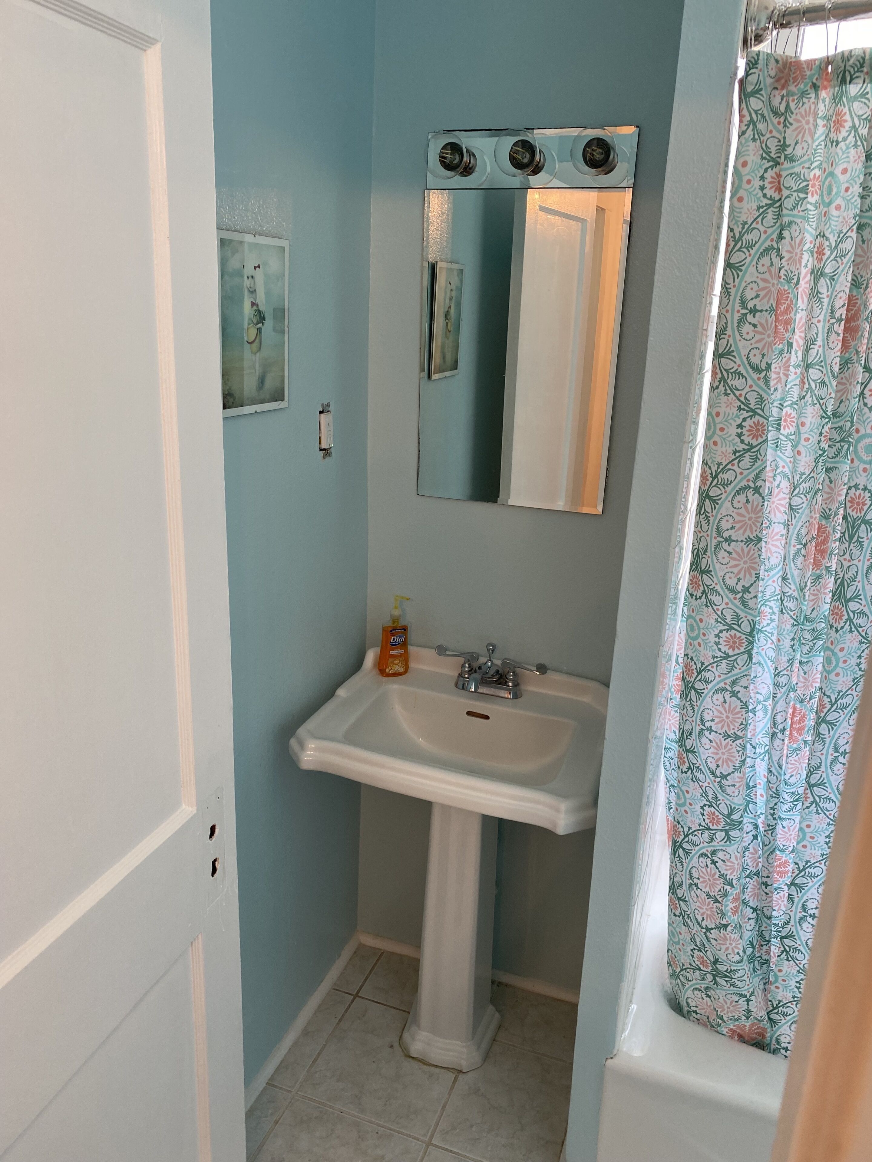 A bathroom with a pedestal sink, a mirror above it, and a shower curtain with a floral pattern.