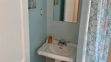 A bathroom with a pedestal sink, a mirror above it, and a shower curtain with a floral pattern.