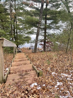 Eine Holztreppe führt zu einer Aussichtsplattform, umgeben von Bäumen und herabgefallenen Blättern.