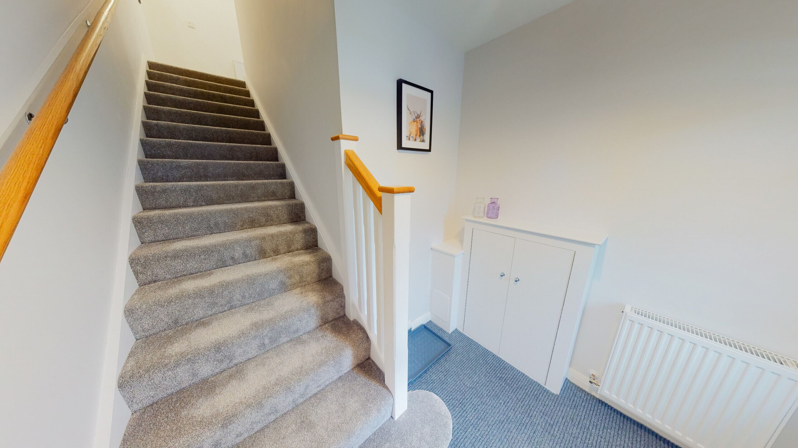 Un escalier recouvert de moquette, avec des rampes en bois, un radiateur blanc et un tableau encadré au mur.