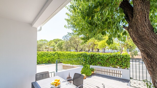 Une terrasse extérieure couverte, avec une table et des chaises, un arbre et une haie.