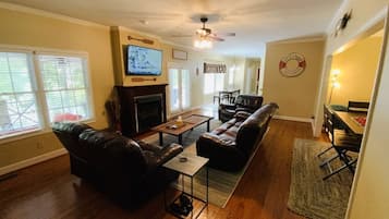 Smart TV, fireplace, foosball