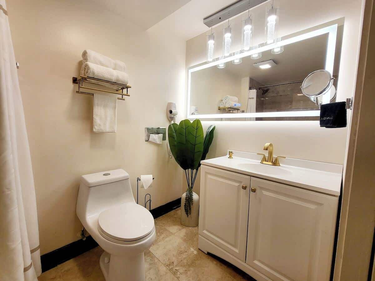 Shower, hair dryer, towels