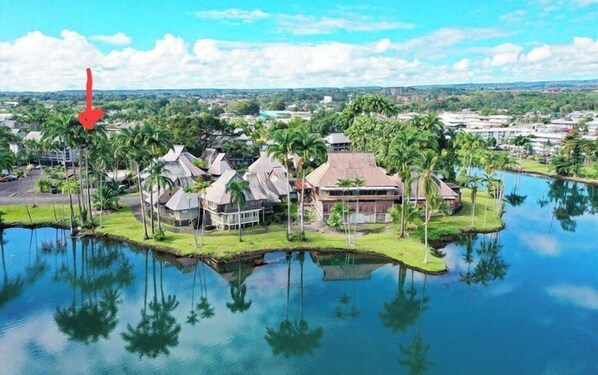 Un complejo turístico con varias edificaciones tipo bungalow rodeado de agua y palmeras.