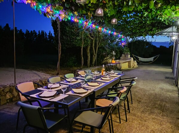 An outdoor dining area with a long table set for six, surrounded by chairs, under a canopy of trees.