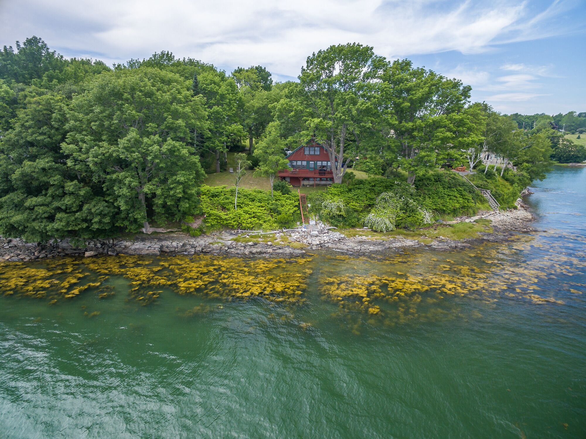 A lakeside property with a house surrounded by dense trees, a dock, and a clear view of the water.
