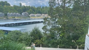 A wooden staircase leading to a dock area with boats, surrounded by greenery and residential buildings. - Waterfront 5 Bed, 4 bath w/Golf, Winery, Tiki bar, Deerfield Marina, & boat slip (La Follette)