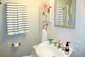 Douche, séchoir à cheveux, serviettes fournies, savon