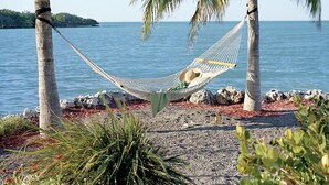 A hammock tied between two palm trees by a rocky beach with a view of the sea.