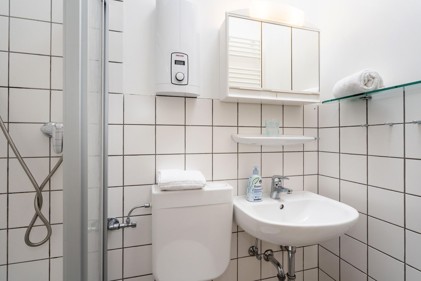 A bathroom with a shower, toilet, sink, and a mirror above the sink.