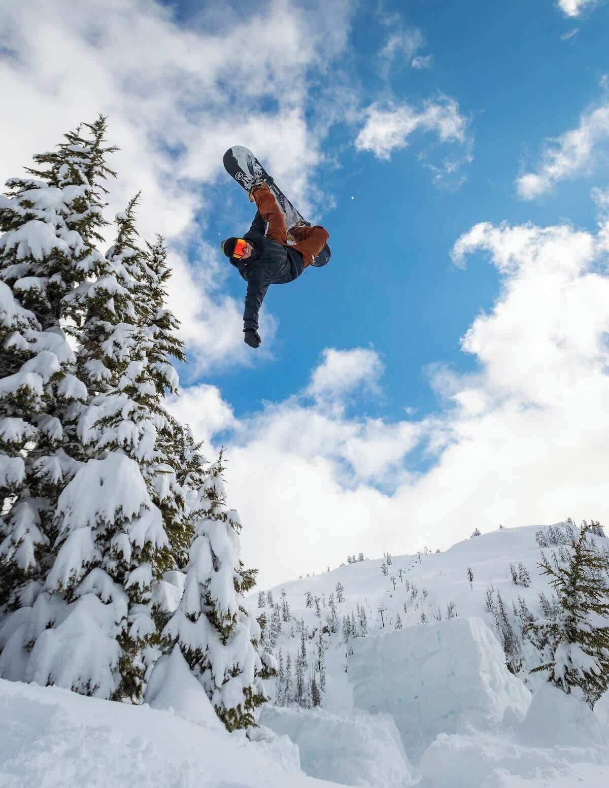 A snowboarder mid-air above a snowy landscape with trees.