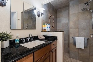 Hair dryer, towels, soap, toilet paper