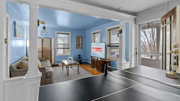 Smart TV, fireplace, books