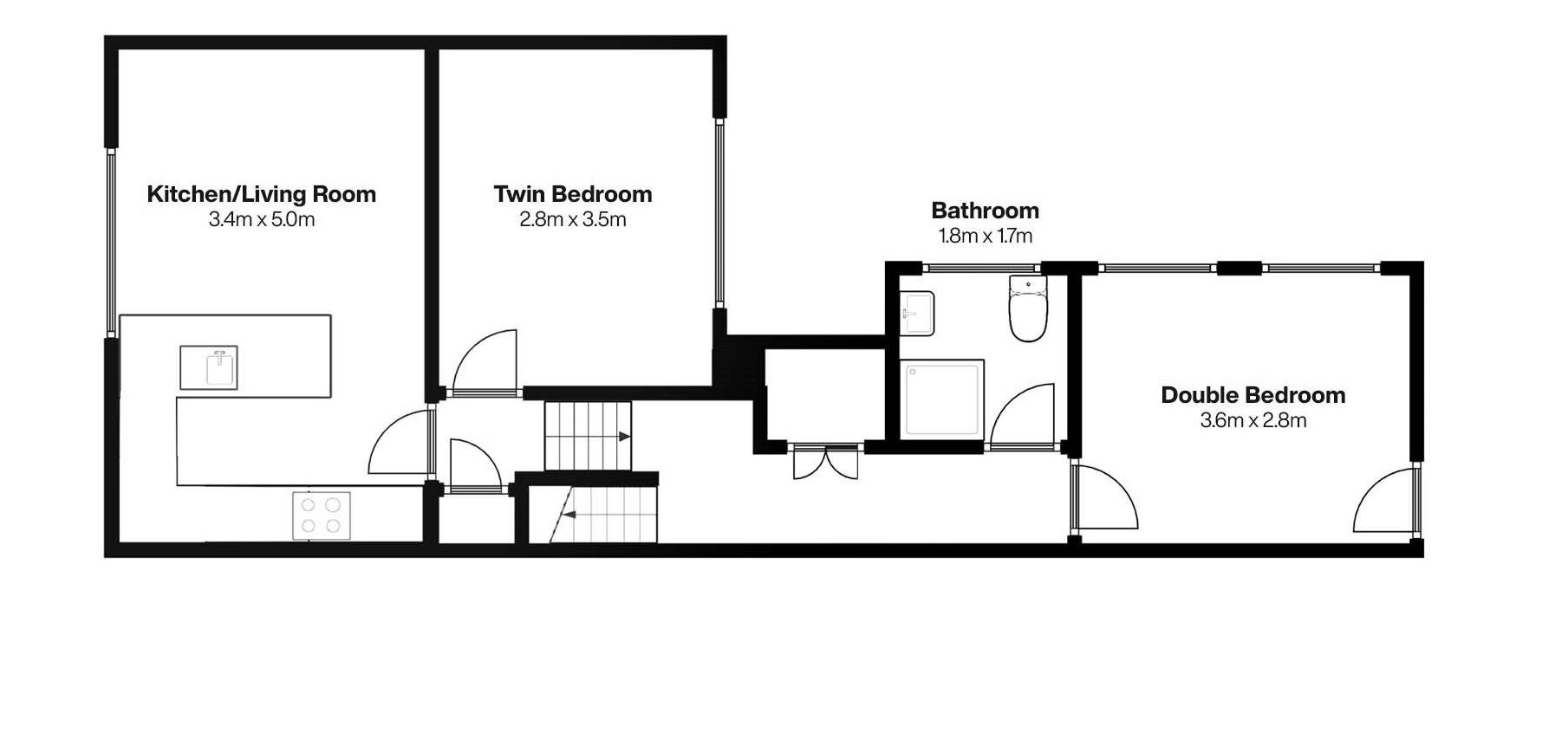 Planta baixa mostrando cozinha/sala de estar, quarto duplo, banheiro e quarto de casal.