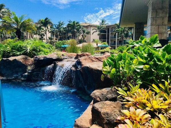 A heated pool - Waipouli Beach Resort D105. A Spacious Condo with Lazy River and Top Shelf Restaurant Onsite. (Kapaʻa)