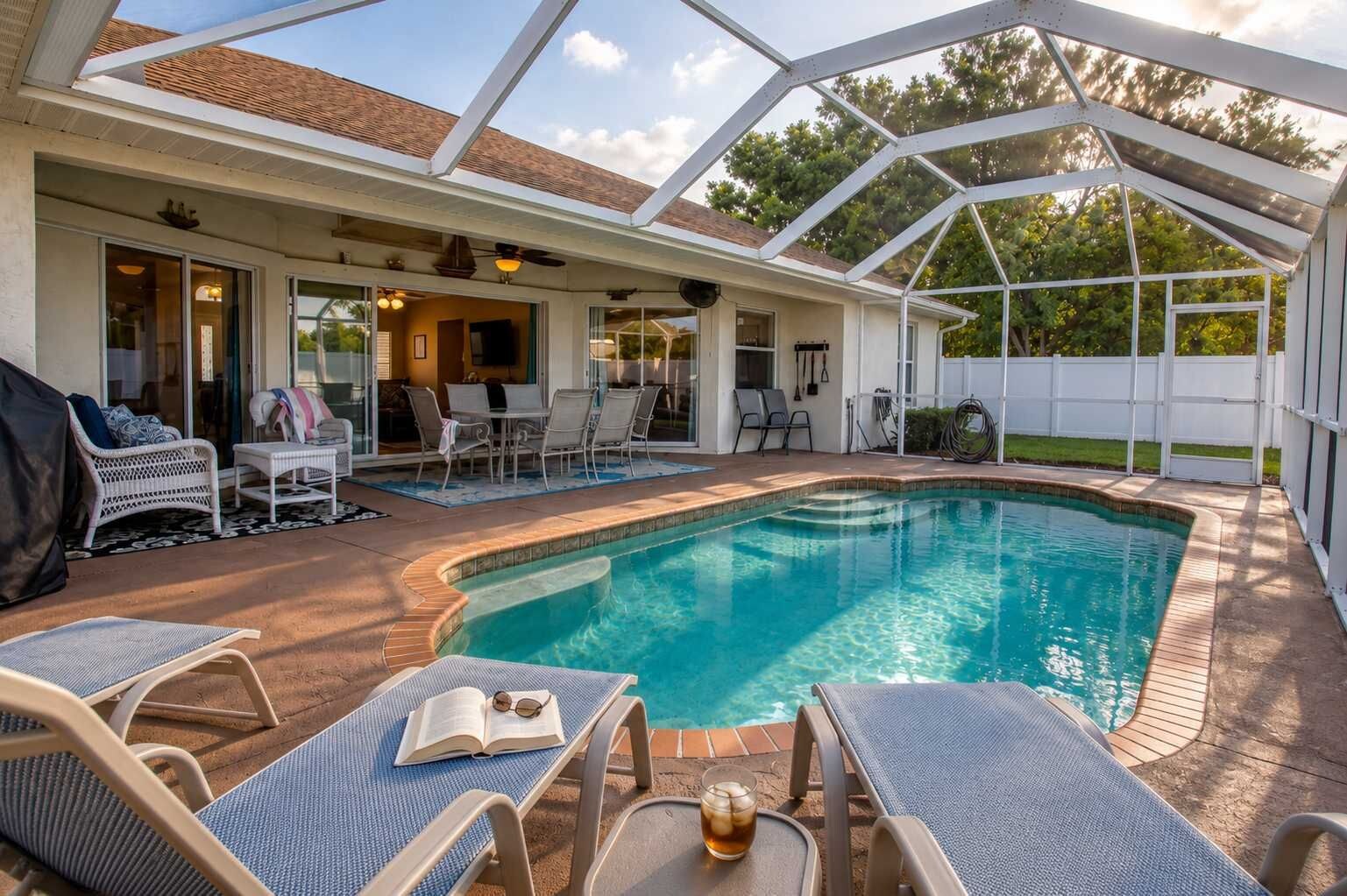 Pool time stays close to the sliders, so swims, snacks, and shaded breaks can happen without leaving the patio flow.
