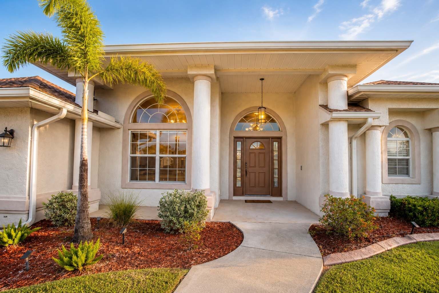 A residential building with a symmetrical facade, arched windows, and a central entrance with a door.