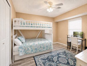 Twin-over-full bunk plus a desk with monitor, so kids get a homework nook on rainy afternoons and parents keep the primary quiet. Closet is stocked with pool toys.
- Gulfstream Villa | Heated Pool + Dog Friendly (Englewood)